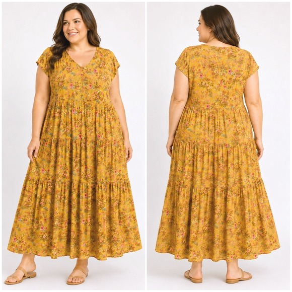 Wonderly Dresses & Skirts - Wonderly 2X Mustard Floral Maxi Dress Cottagecore Boho Tiered Cap Sleeve Rayon
